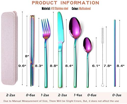 AARAINBOW 7 Pieces Stainless Steel Flatware Set Portable Reusable Cutlery Set Travel Utensils Set Including Chopsticks Knife Fork Spoon Straws Cleaning Brush Dishwasher Safe (Multicolored) - Image 2