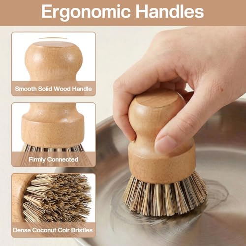 5 Pcs Bamboo Wood Dish Brush Set Includes 1 Wooden Handle with 3 Natural Replaceable Bristle Heads and 1 Handheld Bamboo Wok Brush Scrubber for Dishes Pans Pots Fruit and Veggie Washing(Style A) - Image 4