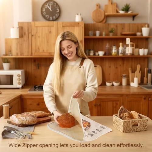 2 Pack Reusable Beeswax Bread Bags for Sourdough, Cotton Bread Bag with Wide Zipper Opening & Handle, XL Bread Bags for Homemade Bread, Keeps Bread Fresh Longer - Image 3