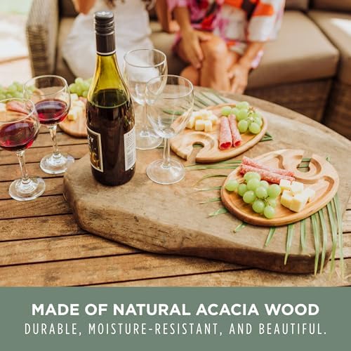 PICNIC TIME Wine Appetizer Plates, Set of 4 Wooden Cocktail Plates with Glass Holder, Mini Charcuterie Boards for Wine and Cheese Parties, Acacia Cheese Board Serving Trays (Oval - Acacia Wood) - Image 3