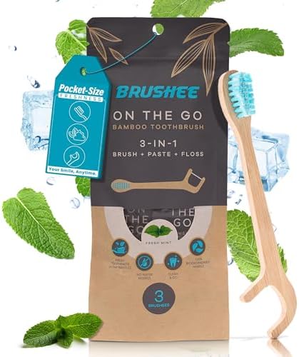 Brushee Travel Toothbrush 3-Pack, Bamboo Disposable 3-in-1 with Flosser by Brushee