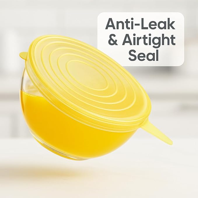 Reusable Silicone Stretch Lids | 6 Pack Food Storage Covers for Bowls, Containers & Cups | Airtight, Leakproof, BPA-Free, Microwave & Freezer Safe | Flexible Reusable Food Savers Yellow