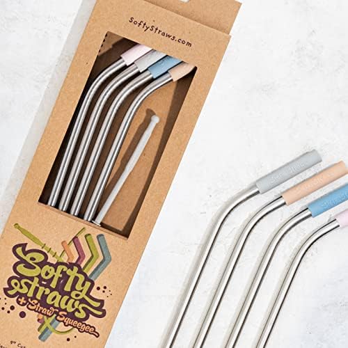 Softy Straws Premium Reusable Stainless Steel Drinking Straws With Silicone Tips + Patented Straw Cleaners and Carrying Case - 9” Long Metal With Curved Bend for 20/30/32oz Tumblers - Natural Colors - Image 5