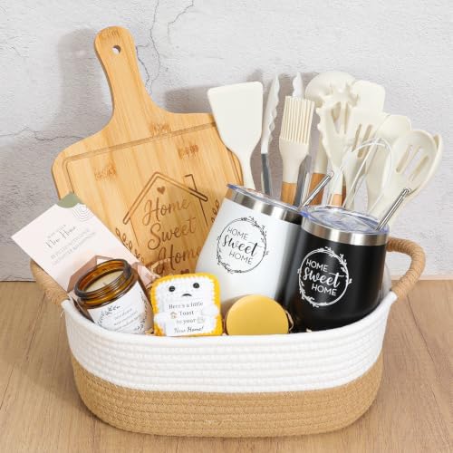 Housewarming Gifts for New Home, Closing Gifts for Home Buyers,New Home Gift Basket with Cotton Rope Basket, Bamboo Cutting Board, Coffee Cups,12PCS Silicone Kitchen Utensils Set & Candle by PENGTAI