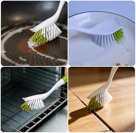 Dish Brush Scrub Brush with Handle - 3 Pack Stiff Bristles Dish Scrubber for Cleaning Dishes, Pots, Pans, Sink, Cast Iron - Hard Bristles,No Residue (Yellow-Green, Gray, Light Blue) - Image 5
