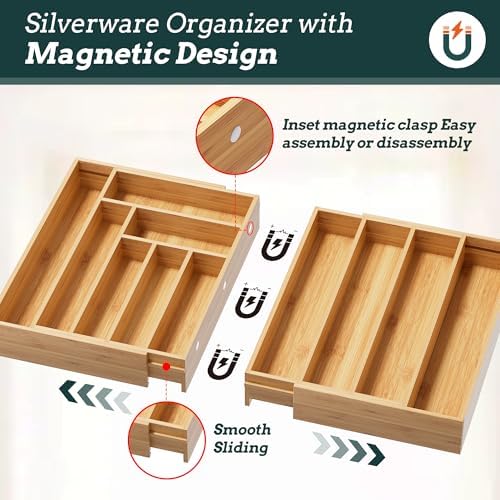 Bamboo Expandable Silverware Drawer Organizer, 11 Slots Utensil Holder - Image 3