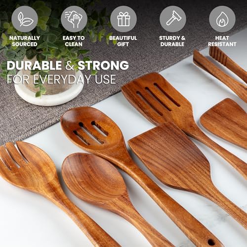 Zulay Kitchen Teak Wood Utensil Set – 7 Piece Wooden Cooking Utensils – Slotted Spoon, Bowl Scraper, Solid & Slotted Turner, Salad Spoon, Fork & Tongs – Durable, Nonstick Safe & Smooth Finish - Image 4