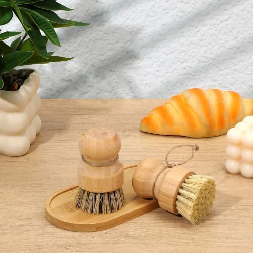 8 Packs Bamboo Dish Scrub Brushes Natural Palm Wooden Scrubbers Set Kitchen Dishwashing Scrubber with Natural Sisal Bristles for Iron Pot Pan Sink (Round) - Image 5