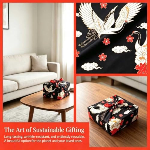 OISUIEY Furoshiki Japanese Wrapping Cloth, Large Size 27.6x27.6 Inch 70cm Reusable Gift Wrap, Eco-Friendly Fabric for Bento Bag, Wine Bottle, Table Decor Washable & Wrinkle Resistant (Crane) - Image 2