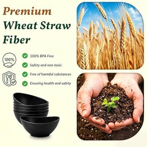 Homienly Wheat Straw Serving Bowls Unbreakable Oval Bowls Set of 6 Soup Bowls Microwave Safe Cereal Bowls for Kitchen, Camping, Party Dishwasher Safe Plastic Bowls for Dinner, Soup (26 OZ Black) - Image 3