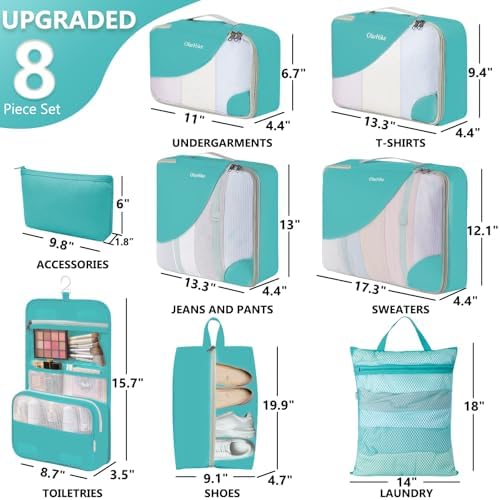 OlarHike Packing Cubes for Travel,Gifts for Women Mom,Anti-Tearing Suitcase Organizer for Luggage with Shoe & Hanging Toiletry Bag,Vacation Essentials & Accessories for Cruise Ship,8 Set,Turquoise - Image 2
