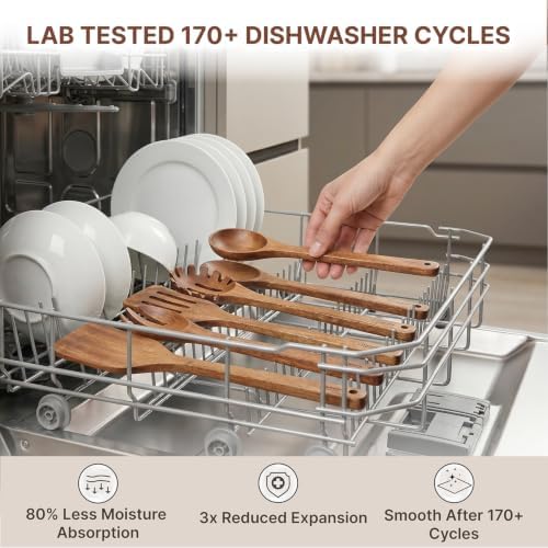 Koppen Dishwasher Safe Acacia Wood Kitchen Utensils Set, 5 Pcs Wooden Utensil Set for Nonstick Cookware, Non Toxic Cooking Spatula, Resist Water Absorption & Crack Resistant, Long-Lasting - Image 2