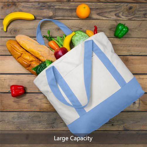 TOPDesign 1-Pack Canvas Tote Bag with an External Pocket, Reusable Grocery Shopping Bag, Top Zipper Closure, Daily Essentials (Light Blue/Natural) - Image 4
