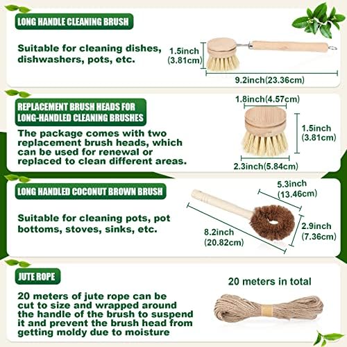 8 Pcs Bamboo Dish Brush Dish Washing Scrub Bottle Brush Wooden Palm Pot Brush Cleaning Scrubbers with Natural Sisal Bristles Long Handle for Pots Pans, Bottle, Sink, Vegetables, Household Cleaning - Image 4