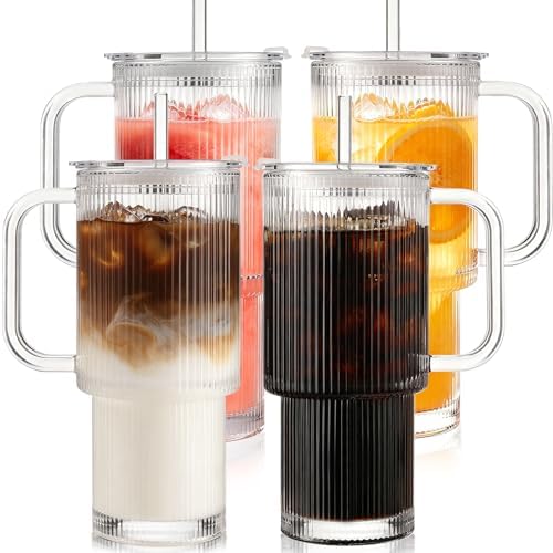 Iced Coffee Cups with Lids: Coffee Bar Accessories - Ribbed Glass Tumbler with Straw and Lid 4 Pack - 24oz Tumbler Leak Proof - Glass Cups Tumbler with Lid and Straws - Coffee Tumbler with Handle700ml by DWTSDANWEITESI