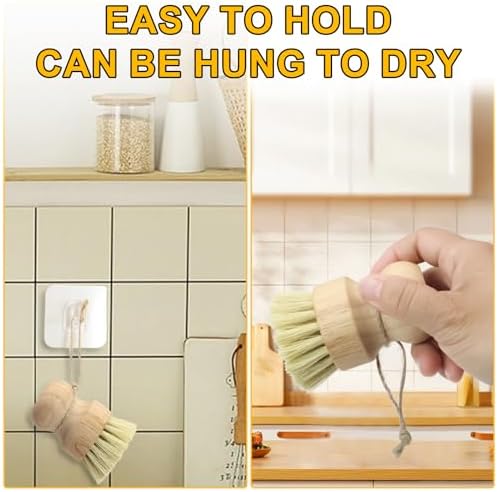 Bamboo Dish Brush,2PCS Wood Dishes Scrub Brush,Kitchen Dish Brush Natural Sisal Bristles with Hook for Cleaning Dishes,Sink, Cast Lron Pan/Pot - Image 4