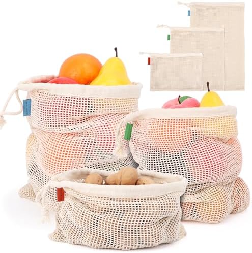 Pack of 6 Reusable Produce Bags Washable, 3 Sizes (2xS+2xM+2xL) Reusable Grocery Bags Heavy Duty Cotton Bag Mesh Bags for Vegetables, Enhanced Closure Edge, Double Stitched, with Tare Weight by ENPOINT