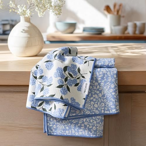 RECYCO Waffle Kitchen Towel Set of 2 - Quick Dry Microfiber Sustainable Dish Towels - Ultra Absorbent Reusable Cleaning Tea Towels - Lightweight Hand Towels,16”x 28”, Hydrangea Ball by RECYCOHOMECOLLECTION