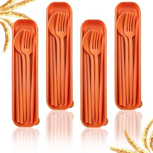 4 Sets Reusable Utensils With Case, Camping Cutlery Travel Silverware for Work, Lunch Picnic Daily Use Outdoor (Orange) by ZGQHZR