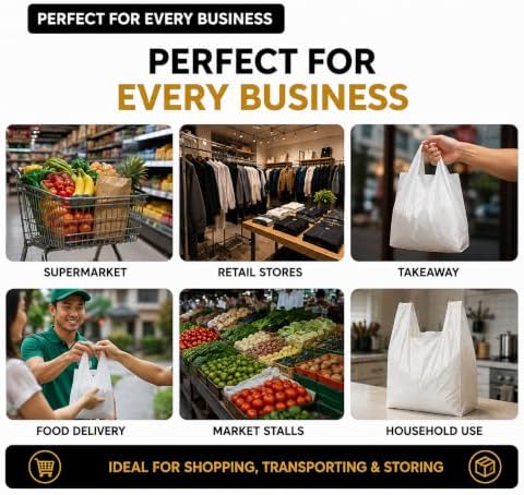 Reusable Heavy Duty White Plastic Shopping Bags with Handles, T-Shirt Grocery Carrier Bags, 12 x 18 x 24 Inch, HDPE Retail, Convenience Store & Takeout Bags, 1000 Pack - Image 6