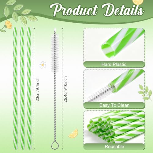Honeydak 50 Pcs Reusable Plastic Straws Bulk,Green and Whote Stripe - Image 2