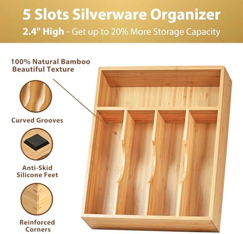 Umilife Bamboo Kitchen Drawer Organizer, 11 Inch Silverware Utensils Tray Holder with Grooved Dividers, 2.4" High Wood Caddy for Flatware Cutlery Knives - Image 2