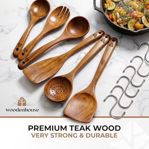Wooden Spoons for Cooking 6 Pcs, Teak Wooden Utensil Set with Hanging Hooks - Image 2