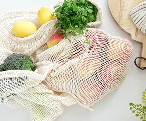 Mesh Large Produce Bag - 100% Organic Cotton Bags for Grocery & Storage - Produce Storage Bags, Tote Bags with Drawstring - Reusable, See-Through Cotton Produce for Fruits & Vegetables (6 Pack, Large) - Image 3
