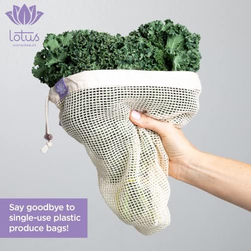 Lotus Reusable Produce Bags - Organic Cotton Washable Produce Mesh Bag for Vegetable Storage, Eco Friendly Reusable Produce Storage Fruit Bag Mesh for Groceries (3 Size Cloth Bags) - Image 3