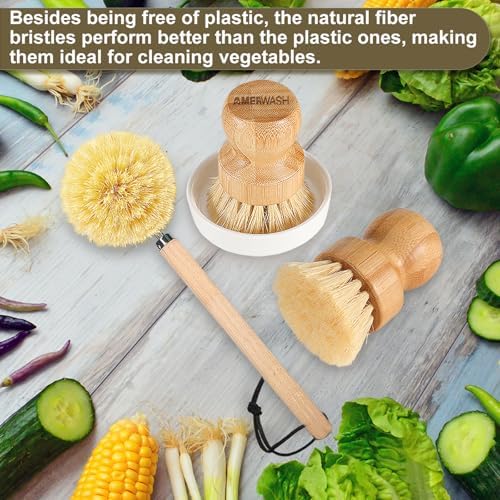 Wooden Dish Brush Set Clean Pots, Pans and Vegetable, Natural Bristles Bamboo Scrub Brushes with Ceramic Dish - 1 Long Handle Dish Brush + 2 Palm Scrubbing Brush - Image 3