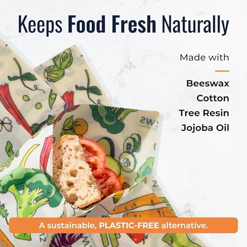 Beeswax Wraps, Reusable Cotton Food Storage Set for Kitchen, Lunch, Bread, Snacks, Bowls. Eco-Friendly Plastic-Free Alternative. 3-Pack Assorted - Veggies by Zero Waste Store - Image 2