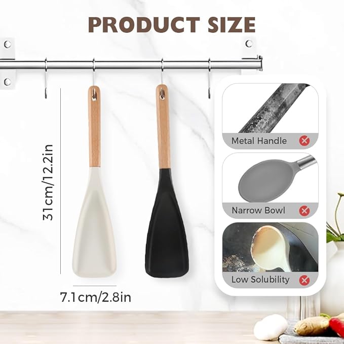 Multi-function Spatula Spoon, 2025 New Cooking Spoon for Nonstick Cookwares, Silicone Cooking Utensils for Kitchen Gadgets,Wood Handle Spoon for Mixing, Scoop, and Scrape (White)
