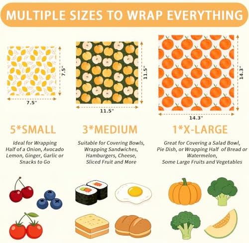 Reusable Beeswax Wraps, Orange Apple Lemon Wraps, 9 Pack Sandwich, Snack, Food Preservation, Organic, Sustainable, Zero Waste, Plastic-Free Storage, 1XL, 3M, 5S - Image 2