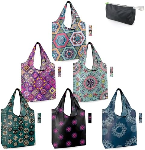 BeeGreen Boho Gifts for Women Geometric Reusable Grocery Bags Mandala Shopping Bags Bulk 6 Pack 50LBS X-Large Foldable-Machine Washable-Heavy Duty Mandana Yoga Gifts by BeeGreen