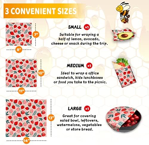 Beeswax Wrap, 3 Pack Reusable Food Wrap Beeswax Wraps for Food Storage Organic Beeswax Food Wraps Beeswax Paper Wax Wraps Wax Covers Beeswax Lunch Wrap Sandwich Wrappers 1L, 1M, 1S Strawberry Pattern - Image 3