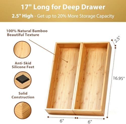 Umilife Bamboo Kitchen Utensils Organizer, Extra Long High Silverware Drawer Holder, Flatware Cutlery Storage Box, Multi-Use Drawer Divider in Office, Bathroom, Pantry - 17"x6"x2.5" (Set of 2) - Image 2