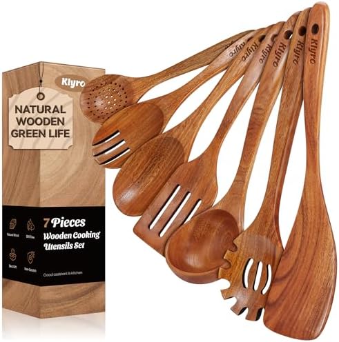 Kitchen Utensils Set, 7 Piece Premium Cooking Utensils Set, Durable Non-Stick Wooden Spoons for Cooking, Kitchen Essentials for New Home by KLYRO