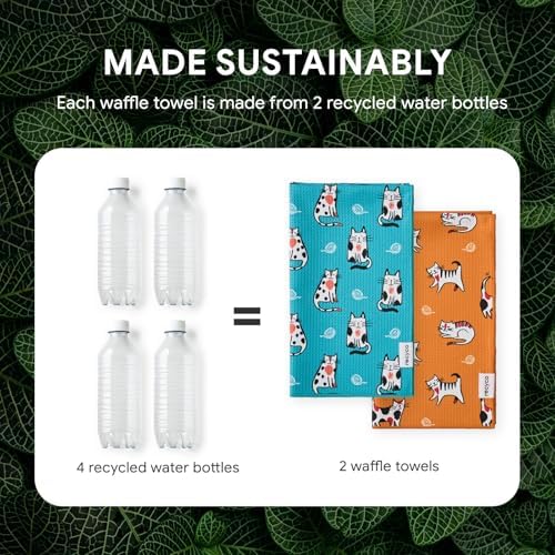 RECYCO Waffle Kitchen Towel Set of 2 - Quick Dry Microfiber Sustainable Dish Towels - Ultra Absorbent Reusable Cleaning Tea Towels - Lightweight Hand Towels,16”x 28”, Cuddly Cats - Image 6