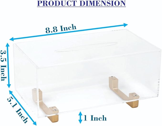YoBa Thick Acrylic Tissue Box Holder Rectangular Clear Tissue Box Dispenser with Gold Plated Aluminum Legs for Bathroom, Kitchen, Bedroom, Office, Hotels and Restaurant