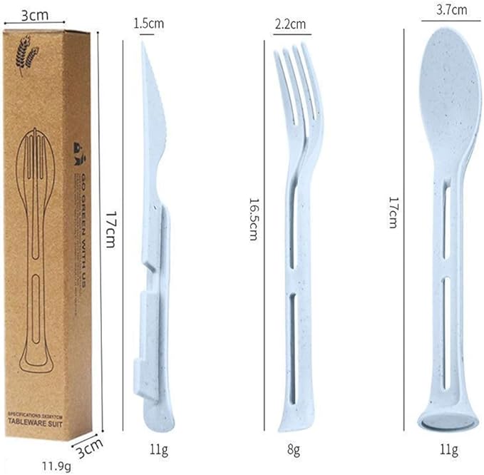 3PCS Wheat Straw Cutlery, Reusable Utensils Set Portable Travel 3 in 1 Spoon Fork Knife Tableware, Eco-Friendly, BPA Free, Flatware for Kids Adults, Travel Picnic Camping (Blue)
