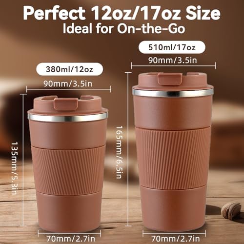 12OZ Travel Coffee Mug Insulated Coffee Cup with Spill Leak Proof Lid, Portable Stainless Steel Tumbler Reusable Hot and Cold Water Mug for Car, Daily, Camping- Coffee - Image 2