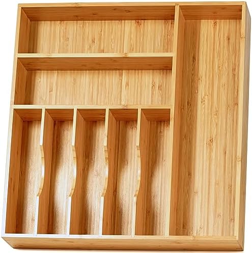 Umilife Large Kitchen Drawer Organizer, 19"x19" Silverware Utensils Organizer, 2.5" High for Large Deep Drawers, Bamboo Flatware Holder with Thick Frames, Sturdy Kitchen Organization Tray by Umilife