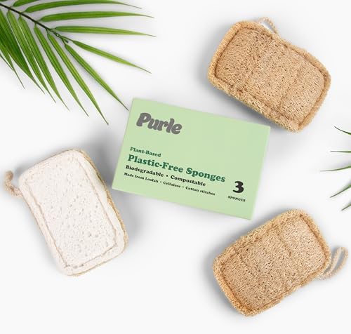 Purle Natural Kitchen Sponges, Eco-Friendly, Compostable Dish Sponges, Loofah & Cellulose Scrubbers, Plastic-Free, Zero-Waste, Biodegradable, Durable, Non-Scratch, Pack of 3 by Purle