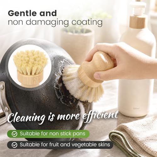 Bamboo Dish Brush Set, Natural Sisal Kitchen Scrubber for Plate Glass Bottle Frying Pan Reusable Wooden Washing up Brush with Replacement Head No Plastic 5 Pack - Image 5