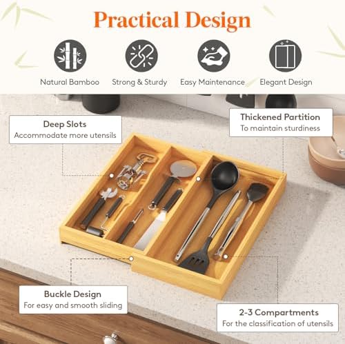 Lifewit Bamboo Utensil Organizer for Kitchen Drawer, Cooking Utensil Tray - Image 6