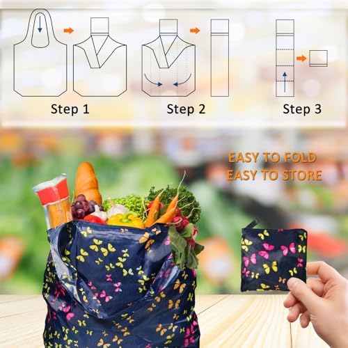 Reusable Grocery Bags,4 Pack 50LBS Foldable Washable Fashion Shopping Bags, Portable Tote Bags Gifts for Women (Butterfly 4 Pack) - Image 4