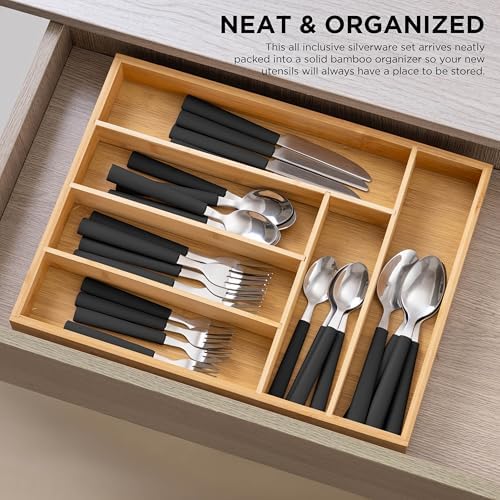 COOK WITH COLOR Bamboo Kitchen Utensil Set with Drawer Organizer | Cooking Tools and Storage Caddy, Black, 25 Piece Cutlery Set - Image 4