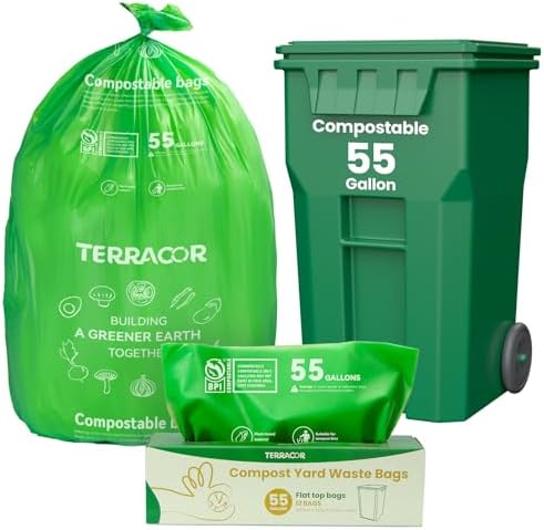 55-60 Gallon Compostable Trash Bags Liners, Heavy Duty Extra Thick 1.57 Mil, 208.2 Liter, 12 Bags, Lawn, Yard, and Restaurant Use, ASTM D6400, US BPI Certified by TerracorPackaging