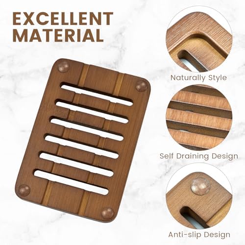 2 Pack Self Draining Bamboo Soap Holder Slotted Walnut Wooden Soap Dish - Image 3