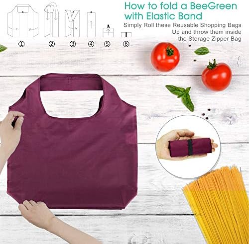 BeeGreen Burgundy Reusable Grocery Bags with Zipper Storage Pouch 10 Packs Wine Red Reusable Shopping Bags Bulk Foldable-Machine Washable - Image 4
